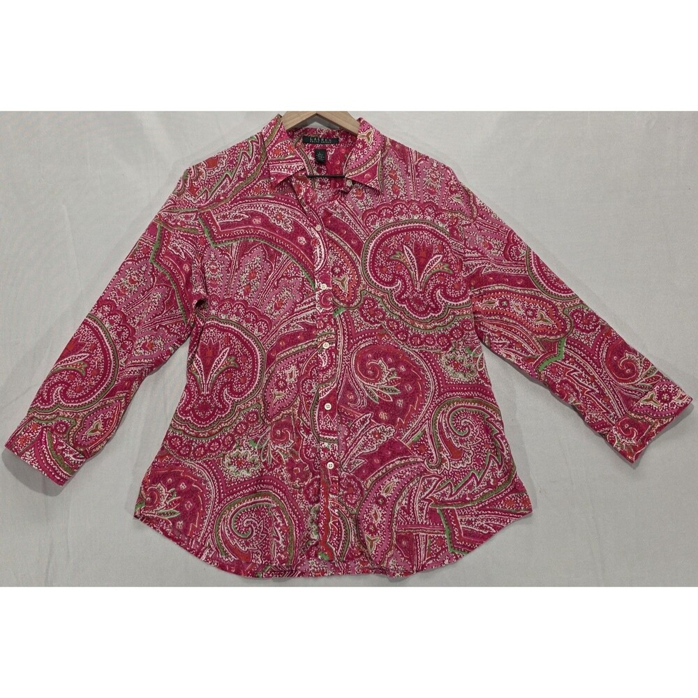Lauren Ralph Lauren Pink Paisley Blouse L Boho Coastal Cowgirl Cotton Shirt
